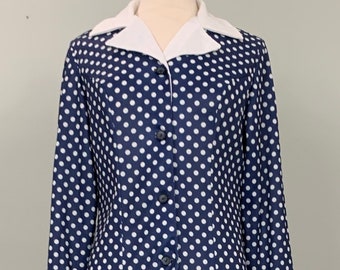Navy Blue Polka Dot Maxi Dress by Morro Bay - Size 6/8 - 70s Blue and White Polka Dot Fitted Maxi Dress