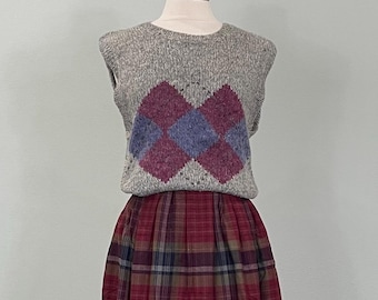 1980s Gray Purple Argyle Plaid Cropped Sweater Top by Beldoch Popper - Medium