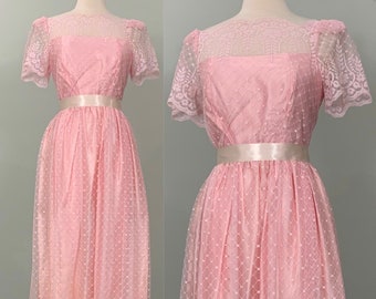 Pink Polka Dot Lace Formal by JCPenney - Size 2/4 - 80s Pink Lace Gown - Vintage Pink Floral Lace Dress