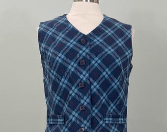 1970s Blue Plaid Cropped Vest - Size 8/10