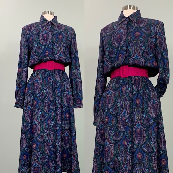 Blue Multicolor Paisley Dress by BFA Classics - Size 8/10 - 80s Blue Pink and Olive Green Paisley Secretary Dress