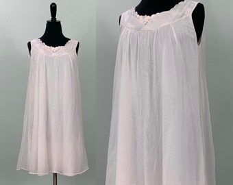 Light Pink Chiffon Nightie by Radcliffe - Size 4/6 - 60s Pink Chiffon Babydoll Nightgown