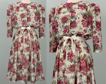 Beige and Mauve Floral Dress by California Looks - Size 14/16 - 80s Mauve Floral Midi Secretary Dress