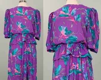 Purple and Teal Abstract Floral Peplum Dress by J.B. TOO - Size 6/8 - 80s Purple Multicolor Floral Midi Dress