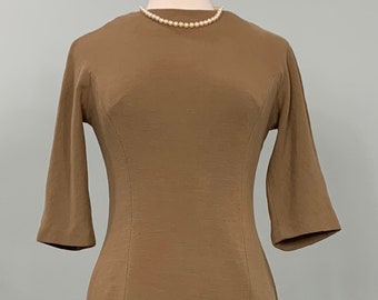Classic Tan Wiggle Dress - Size 4/6 - 60s Mod Light Brown Fitted Dress - 50s Brown Fitted Pencil Dress