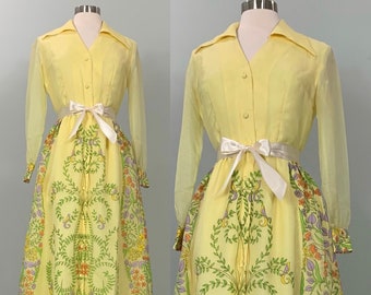 Yellow Floral Hostess Dress by Alfred Shaheen - Size 4/6 - 60s Mod Yellow Floral Maxi Shirtdress