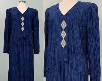 Navy Blue Micro Pleated Embellished Gown by After Dark - Size 12/14 - 90s Navy Blue Embellished Formal