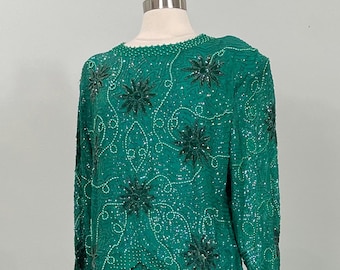 1980s Green Beaded Sequin Blouse and Skirt 2 Piece Set by Eve's Allure - Size 12/14