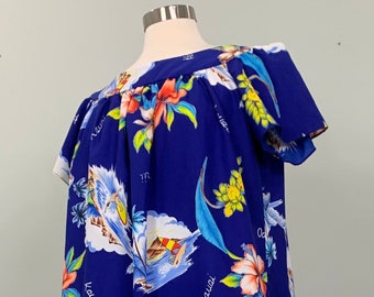 Blue Hawaiian Dress - Size 8/10 - 80s Blue Hawaiian Mumu - Vintage Hawaiian Islands Maxi