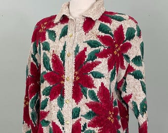 H. Baskin Hand Knit Poinsettia Cardigan Beaded Accents - M/L