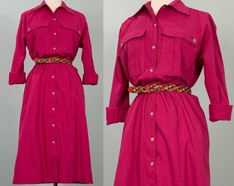 Hot Pink Button Down Shirtdress by Petrina & Co. - Size 8/10 - 90s Hot Pink Button Up Shirtdress