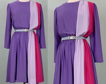 Purple Secretary Dress with Hot Pink Sash - Size 8/10 - 70s Purple and Hot Pink Secretary Dress