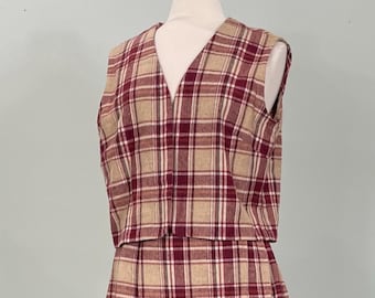 1970s Light Brown and Burgundy Plaid Vest and Skirt Set - Size 14/16
