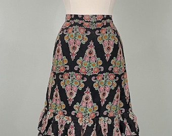 1960s Black Floral Tiered Layered Skirt - Size 8/10