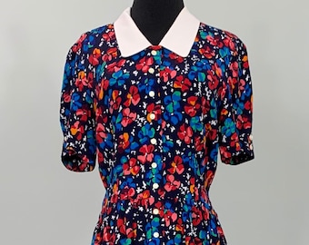 1980s Liz Claiborne Floral Multi-color Short Sleeve Floral Midi Dress - Petite Size 4/6 - 80s Blue and Rainbow Floral Secretary Dress