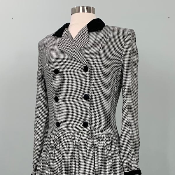 Black and White Houndstooth Dress with Velvet Trim by Charter Club - Size 6/8 - 90s Houndstooth Dress