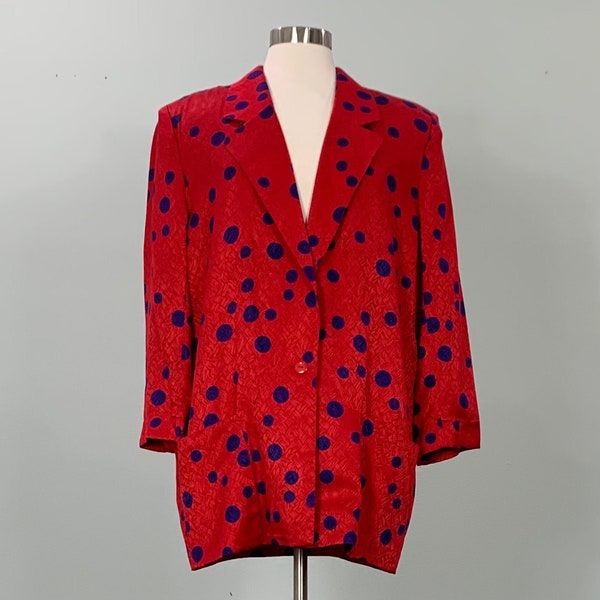 1990s Red and Blue Silk Polka Dot Blazer by Liz Claiborne - Petite Size 10/12 - 90s Red Silk Polka Dot Jacket