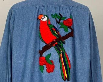 Colorful Embroidered Chambray Shirt - Size 16/18 - Denim Crewel Embroidered Parrot Blouse - Crewel Embroidery