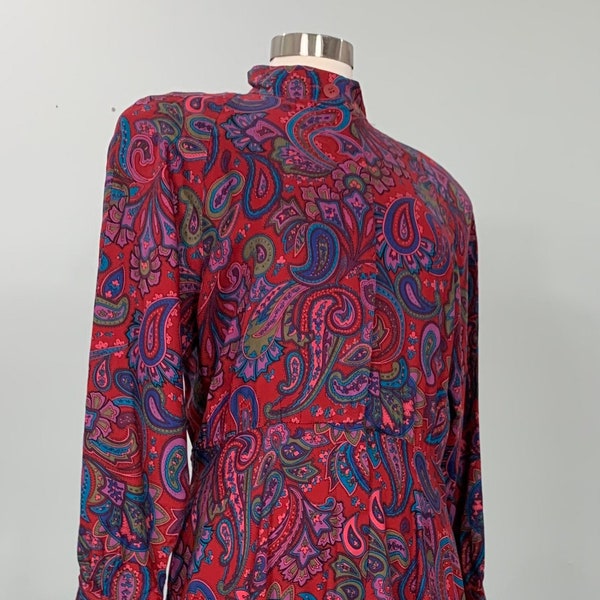 Red Multicolor Paisley Shirtdress by Liz Claiborne - Size 8/10 - 80s Liz Claiborne Red Pink Paisley Dress