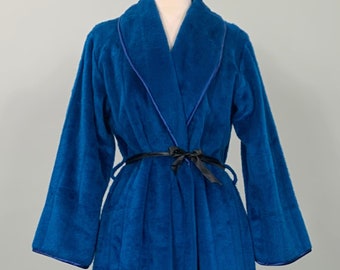 Fuzzy Blue Plush Robe by Evelyn Pearson - Size 8/10 - 80s Solid Blue Fuzzy House Robe