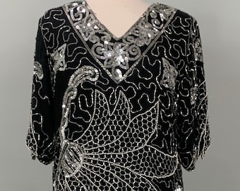 Black Silver and Pearl Beaded Sequin Blouse by Baba - Size 8/10 - 80s Black and Silver Beaded Asymmetrical Blouse