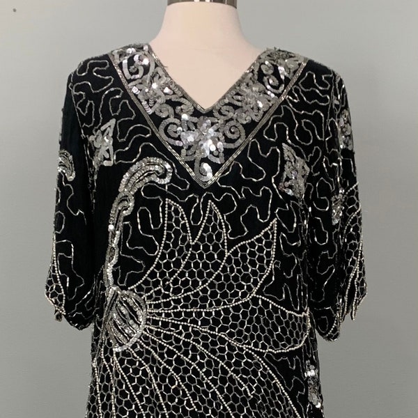 Black Silver and Pearl Beaded Sequin Blouse by Baba - Size 8/10 - 80s Black and Silver Beaded Asymmetrical Blouse