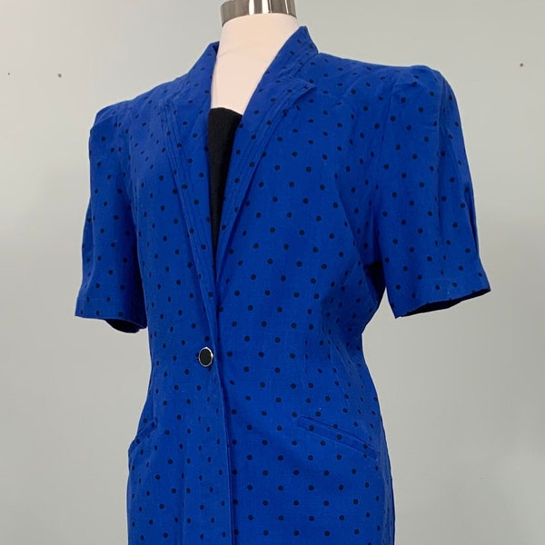 Blue and Black Polka Dot Fitted Dress by Sunshine Starshine - Size 12/14 - 90s Blue and Black Polka Dot Pencil Dress