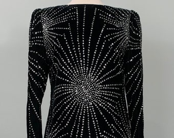 1980s Black Velvet Long Sleeve Cocktail Dress with Silver Glitter Starburst by Pippin - Size 4/6