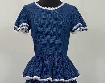 Navy Blue and White Layered Polka Dot Mini Dress - Size 2/4 - 70s Blue Polka Dot Fit and Flare Dress
