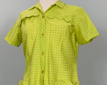 Yellow and Green Gingham Casual Mini Dress - Size 2/4 - 60s Mod Lime Green Check Day Dress