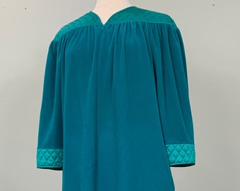 Teal Quilted Velour Midi Robe by Vanity Fair - Size 8/10 - 80s Turquoise Velour Mid-Calf Robe