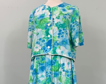 1990s Lightweight Blue and Green Floral Skirt and Top Set - Size 12/14