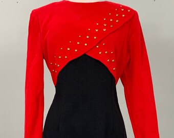 Gold Studded Red and Black Pencil Dress by Sheri Martin - Size 8/10 - 90s Black and Red Embellished Wiggle Dress