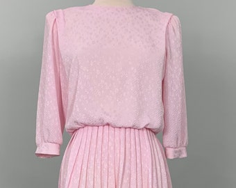 Pink Polka Dot Pleated Dress - Size 8/10 - 80s Pink Polka Dot Semi-Formal Dress - Pink Spring Dress