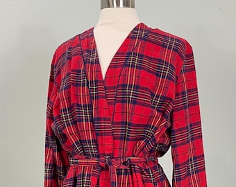 1980s Red Plaid Flannel Belted Robe by Sears - Large
