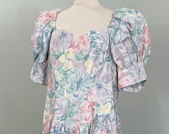1980s Pastel Floral Cotton Dress w/ Puffy Sleeve by Loralie Original - Size 20