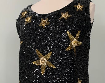 1960s Beaded Sequin Fringe Knit Top - Size 8/10 - Gold Stars Pearls - Glamorous Party