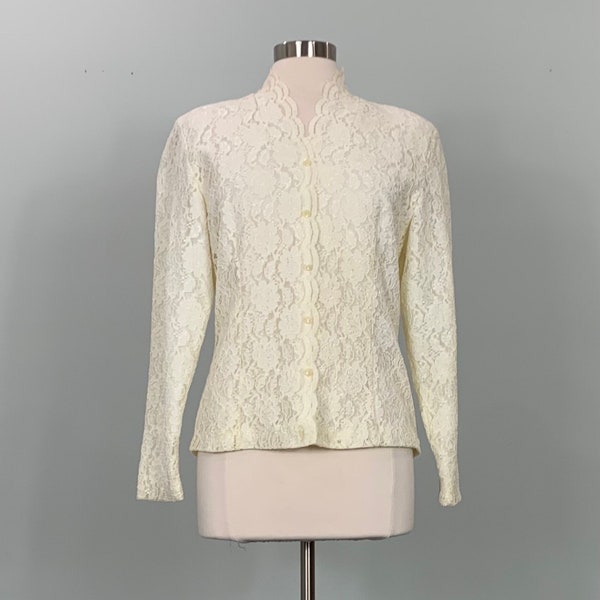 Ivory Floral Lace Long Sleeve Fitted Blouse - Size 6/8 - 90s Beige Fitted Lace Formal Blouse