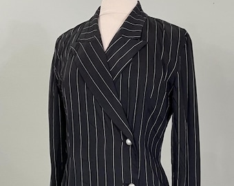 1990s Black and White Pinstripe Blazer Dress by KENAR - Size 6/8