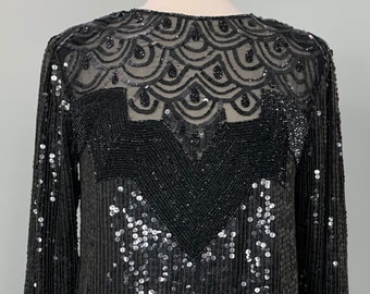 1980s Raiment Fashions Black Beaded and Sequin Long Sleeve Blouse - Size 6/8 - Paisley Sequin Top - Vintage Sequin Shirt - Holiday Blouse