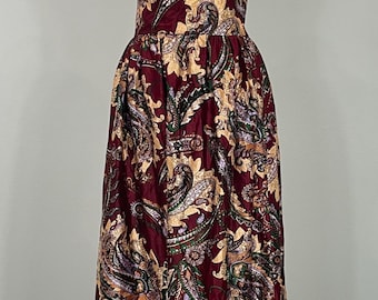 1970s Burgundy Paisley Hostess Maxi Skirt - Size 6/8