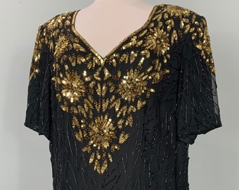 Black and Gold Heavily Beaded Plus Size Cocktail Dress - Size 20/22 - 90s Black and Gold Beaded Dress