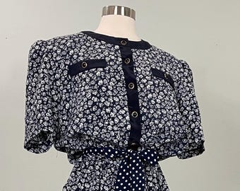 Navy Blue and White Floral Office Dress by Evanna - Size 14/16
