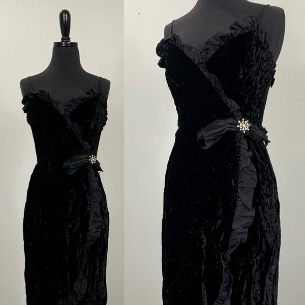 1980s Black Velvet Sleeveless Fitted Wrap Cocktail Dress - Size 0/2 - 80s Black Velvet Wrap Short Formal - Vintage Black Velvet Pencil Dress