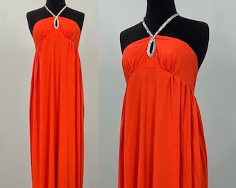 Tangerine Rhinestone Halter Dress - Size 00 - 60s Mod Red Gown with Clear Rhinestone Embellished Halter