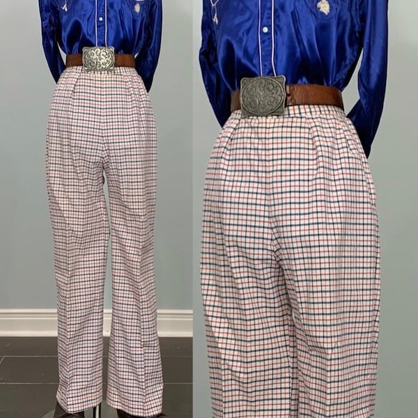 1970s White Red and Blue Pants by Johnny Appleseed's - Size 4/6 - 70s Patriotic Plaid Trousers