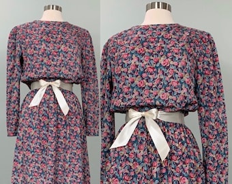 Floral Secretary Dress by Moulin Rouge - Size 4/6 - 80s Colorful Floral Shirtdress