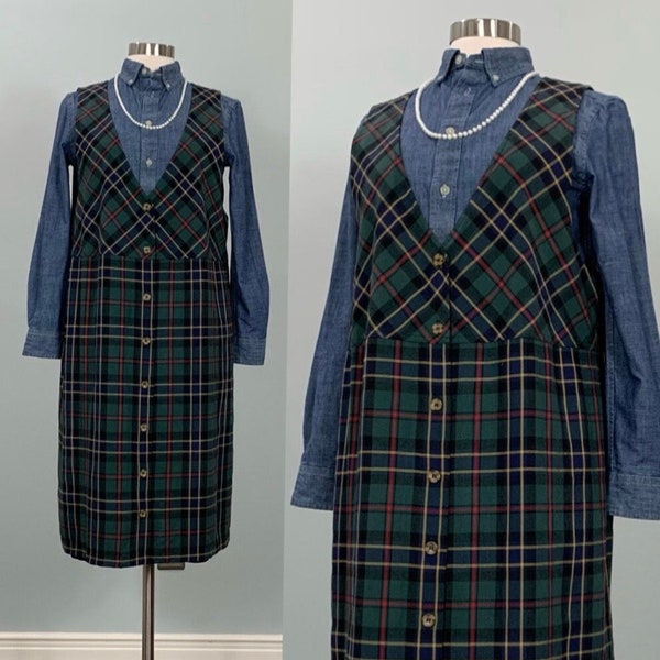 1990s Talbots Green and Navy Plaid Jumper by Sara Campbell - Size 12/14 - 90s Plaid Sleeveless Dress