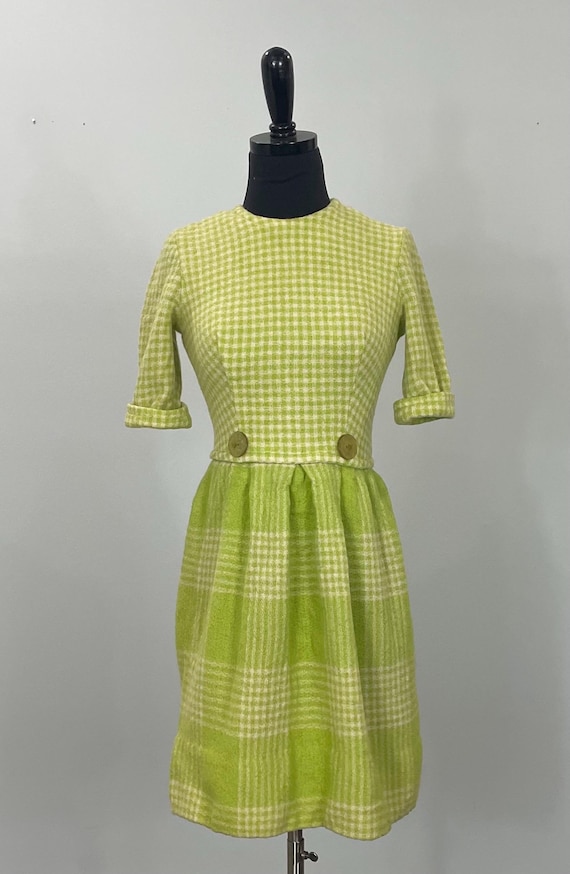 1950s Lime Green and Beige Gingham Plaid Spring Dress by Eleven East - Size 00/0