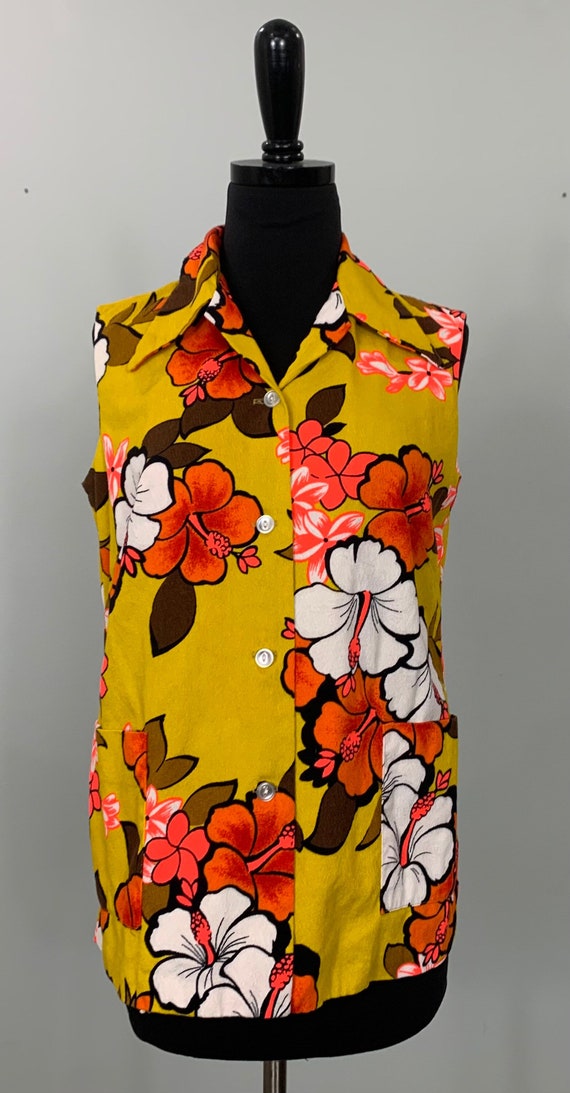 Mod Yellow White and Neon Sleeveless Floral Top b… - image 1